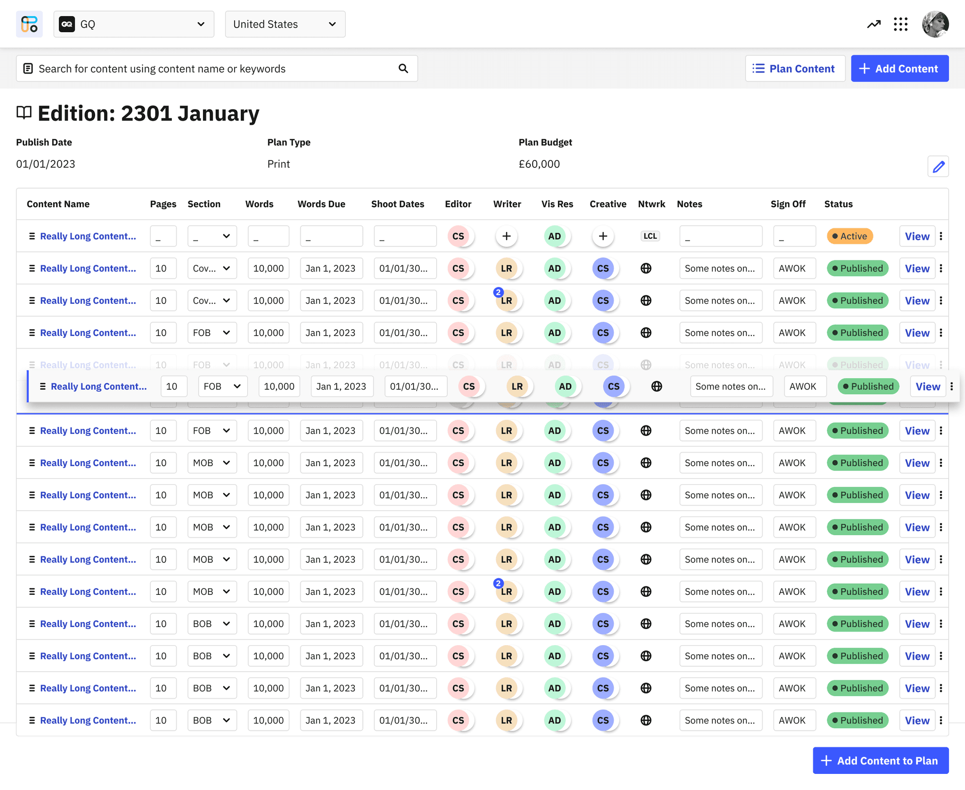 Content Planner Plan Page Desktop Design